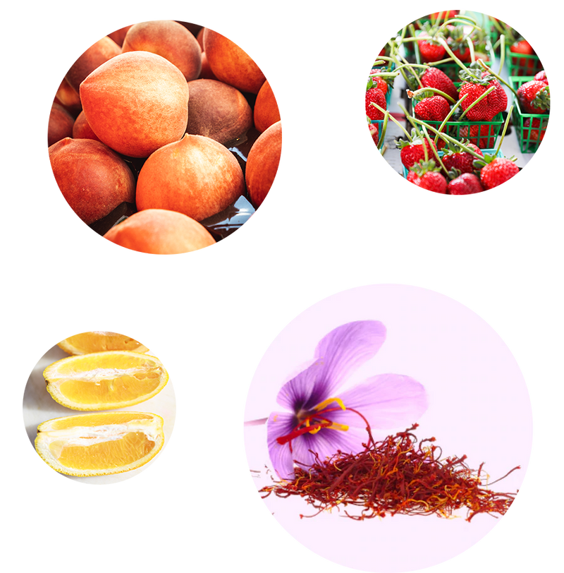 Image of Fresh Peaches, Farmers Market Strawberries, Cut-up Lemon and Saffron Crocus Flower with Saffron spice