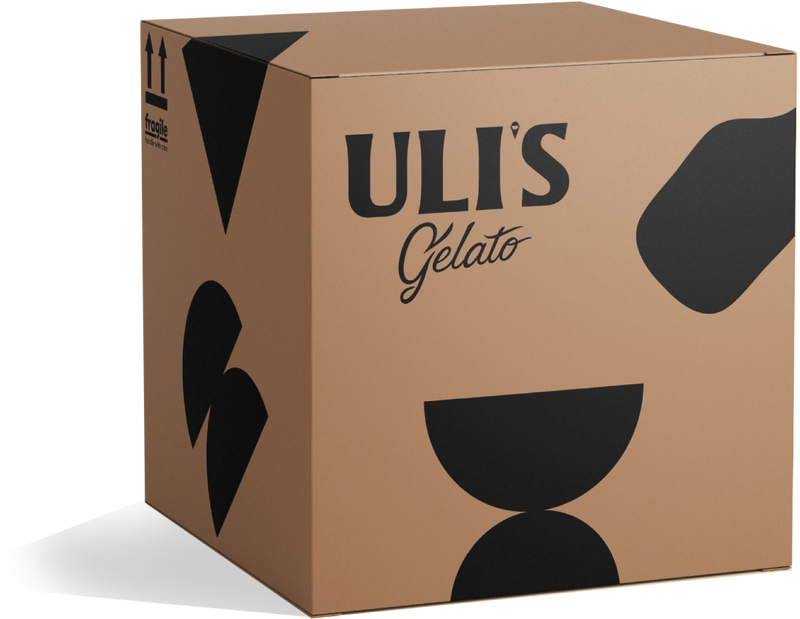 Kraft Box for shipping with Uli's Gelato Branding